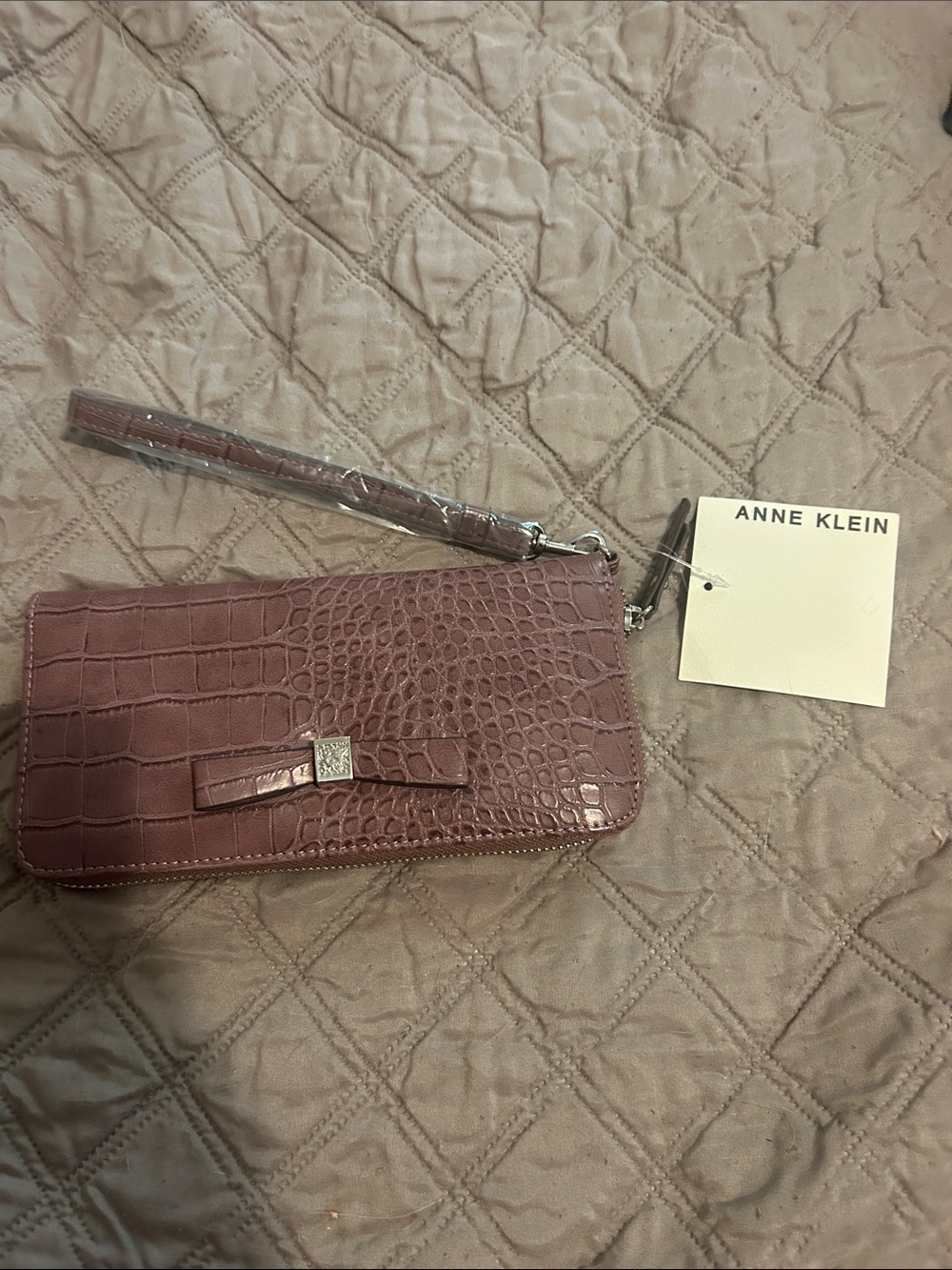 Anne Klein Mauve Croc-Embossed Wristlet with Bow Accent